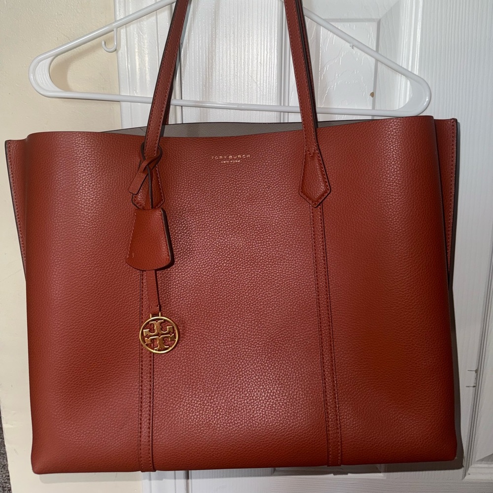 Tory Burch Perry Tote Bag Tripple Compartment Brick Red Women's